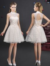 Custom Design Lace High-neck Sleeveless Lace Up Lace and Appliques Damas Dress in Champagne
