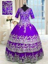Luxurious Purple V-neck Neckline Beading and Appliques and Ruffled Layers Ball Gown Prom Dress Half Sleeves Zipper