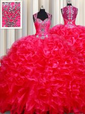 Hot Sale Straps Floor Length Red 15 Quinceanera Dress Organza Sleeveless Beading and Ruffles