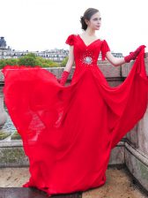 Spectacular Red Prom Dresses Prom and Party with Beading and Ruching V-neck Cap Sleeves Brush Train Lace Up