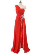 Dazzling One Shoulder Red Zipper Evening Dress Beading and Ruching Sleeveless Floor Length