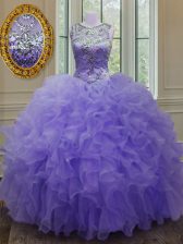  Scoop Sleeveless Floor Length Beading and Ruffles Lace Up Quinceanera Dress with Lavender