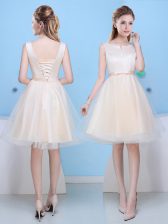 Dramatic Scoop Tulle Sleeveless Knee Length Dama Dress for Quinceanera and Bowknot