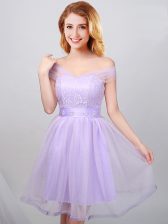  Lavender Tulle Lace Up Off The Shoulder Short Sleeves Mini Length Court Dresses for Sweet 16 Lace and Appliques and Belt