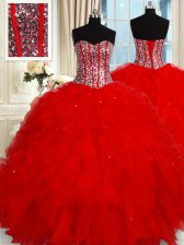  Red Sweetheart Neckline Ruffles and Sequins Quinceanera Gowns Sleeveless Lace Up