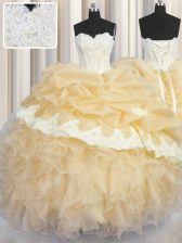 Low Price Gold Organza Lace Up Quinceanera Gown Sleeveless Floor Length Beading and Appliques and Ruffles and Pick Ups