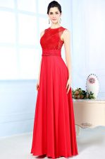 Noble Scoop Red Sleeveless Floor Length Beading Zipper Evening Dress
