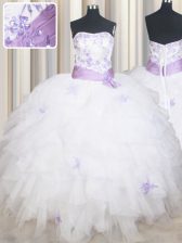 Latest Strapless Sleeveless 15th Birthday Dress Floor Length Beading and Ruffles and Belt White Tulle