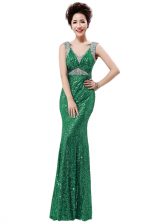 Glamorous Green Homecoming Dress Prom and Party with Sequins V-neck Sleeveless Zipper