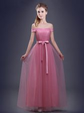 Dazzling Off the Shoulder Tulle Sleeveless Floor Length Dama Dress for Quinceanera and Ruching and Bowknot