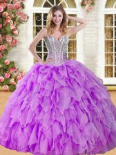 Exceptional Beading and Ruffles Sweet 16 Dresses Eggplant Purple Lace Up Sleeveless Floor Length