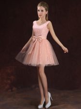  Peach A-line V-neck Sleeveless Tulle and Lace Mini Length Lace Up Lace and Bowknot Vestidos de Damas