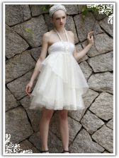 Pretty Halter Top White Organza Zipper Prom Dress Sleeveless Knee Length Ruffles