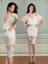  Lace Knee Length Champagne Prom Gown Off The Shoulder Short Sleeves Backless