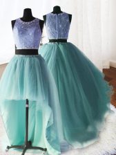Latest Three Piece Scoop Lace Apple Green Zipper Quince Ball Gowns Beading and Ruffles Sleeveless With Brush Train
