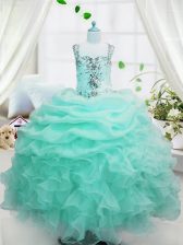 Attractive Baby Blue Sleeveless Floor Length Beading and Ruffles and Pick Ups Lace Up Little Girls Pageant Gowns