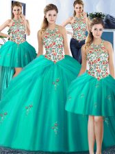 Glamorous Four Piece Pick Ups Halter Top Sleeveless Lace Up Ball Gown Prom Dress Turquoise Tulle