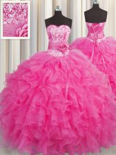 Flare Handcrafted Flower Beading and Ruffles Sweet 16 Quinceanera Dress Hot Pink Lace Up Sleeveless Floor Length