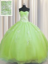 Designer Zipper Up Olive Green Sleeveless Floor Length Beading and Appliques Zipper Quinceanera Gown