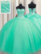  Turquoise Ball Gowns Sweetheart Sleeveless Tulle Floor Length Lace Up Beading and Bowknot Vestidos de Quinceanera