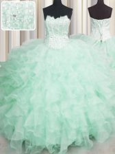 Ideal Scalloped Visible Boning Organza Sleeveless Floor Length Quinceanera Gown and Beading and Ruffles