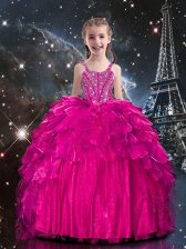  Floor Length Hot Pink Little Girl Pageant Dress Organza Sleeveless Beading and Ruffles