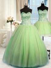  Three Piece Beading Quince Ball Gowns Yellow Green Lace Up Sleeveless Floor Length