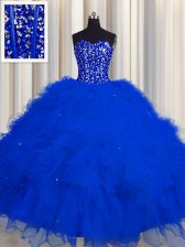 Stunning Visible Boning Sleeveless Lace Up Floor Length Beading and Ruffles and Sequins Vestidos de Quinceanera