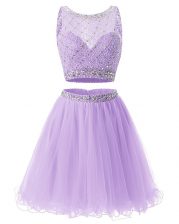  Lavender A-line Sweetheart Sleeveless Organza Mini Length Side Zipper Beading and Belt Homecoming Dress