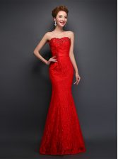 Charming Mermaid Red Lace Up Sweetheart Beading and Bowknot Dress for Prom Lace Sleeveless
