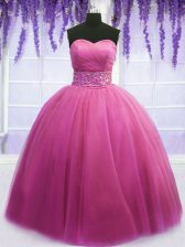  Rose Pink Tulle Lace Up Sweetheart Sleeveless Floor Length Sweet 16 Dress Beading and Belt