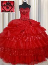 Graceful Red Quince Ball Gowns Military Ball and Sweet 16 and Quinceanera with Embroidery and Ruffled Layers and Sequins and Pick Ups Sweetheart Sleeveless Lace Up