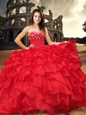  Red Sweetheart Neckline Beading and Ruffles Sweet 16 Quinceanera Dress Sleeveless Lace Up