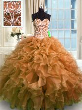 Spectacular Sleeveless Organza Floor Length Lace Up Sweet 16 Quinceanera Dress in Brown with Beading and Ruffles