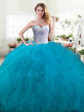 Dramatic Teal Ball Gowns Beading and Ruffles Quinceanera Gowns Lace Up Tulle Sleeveless Floor Length