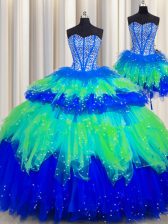  Three Piece Visible Boning Multi-color Sweetheart Neckline Beading and Ruffles and Ruffled Layers and Sequins Vestidos de Quinceanera Sleeveless Lace Up