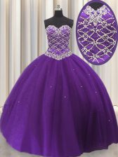 Luxurious Tulle Sweetheart Sleeveless Lace Up Beading and Sequins Sweet 16 Dress in Eggplant Purple