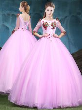Chic Scoop Baby Pink Half Sleeves Tulle Lace Up Sweet 16 Quinceanera Dress for Military Ball and Sweet 16 and Quinceanera