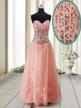 Hot Selling Peach Lace Up Prom Gown Beading Sleeveless Ankle Length