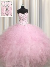  Visible Boning Tulle Sleeveless Floor Length Vestidos de Quinceanera and Beading and Appliques and Ruffles