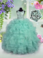  Turquoise Zipper Scoop Ruffles and Sequins Little Girl Pageant Gowns Organza Sleeveless