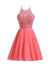  Watermelon Red Zipper Halter Top Beading Prom Dress Chiffon Sleeveless