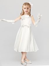 Pretty Scoop Bowknot and Hand Made Flower Flower Girl Dresses White Clasp Handle Sleeveless Tea Length