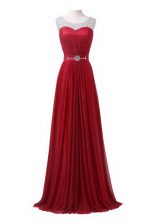 Best Scoop Wine Red Sleeveless Chiffon Brush Train Zipper Evening Dress for Prom and Party