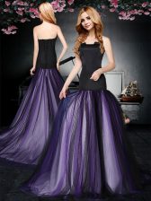 Affordable Black and Purple Column/Sheath Tulle Strapless Sleeveless Ruching With Train Lace Up Dress for Prom Brush Train