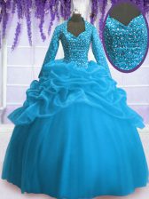 Enchanting Baby Blue Ball Gowns V-neck Long Sleeves Organza Floor Length Zipper Sequins and Pick Ups Sweet 16 Dress