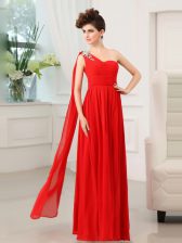  Red One Shoulder Zipper Beading and Sashes ribbons and Ruching Dress for Prom Sleeveless