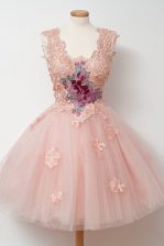  Pink Tulle Zipper Square Sleeveless Knee Length Homecoming Dress Appliques and Embroidery