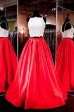  Red Sleeveless Floor Length Lace and Ruching Backless Prom Gown