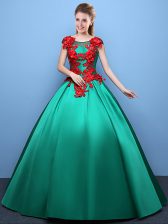  Scoop Satin Cap Sleeves Floor Length Quince Ball Gowns and Appliques